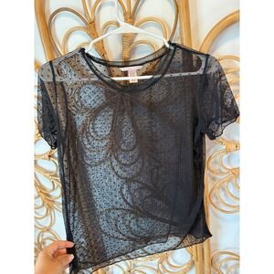 Victoria's Secret Sheer Black Dot‎ Burnout Mesh Top Short Sleeve Lace Trim S